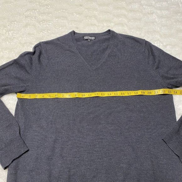 Express Sweater Men's XL Gray Merino 100% Wool V-Neck Long Sleeve Pullover - Picture 4 of 8
